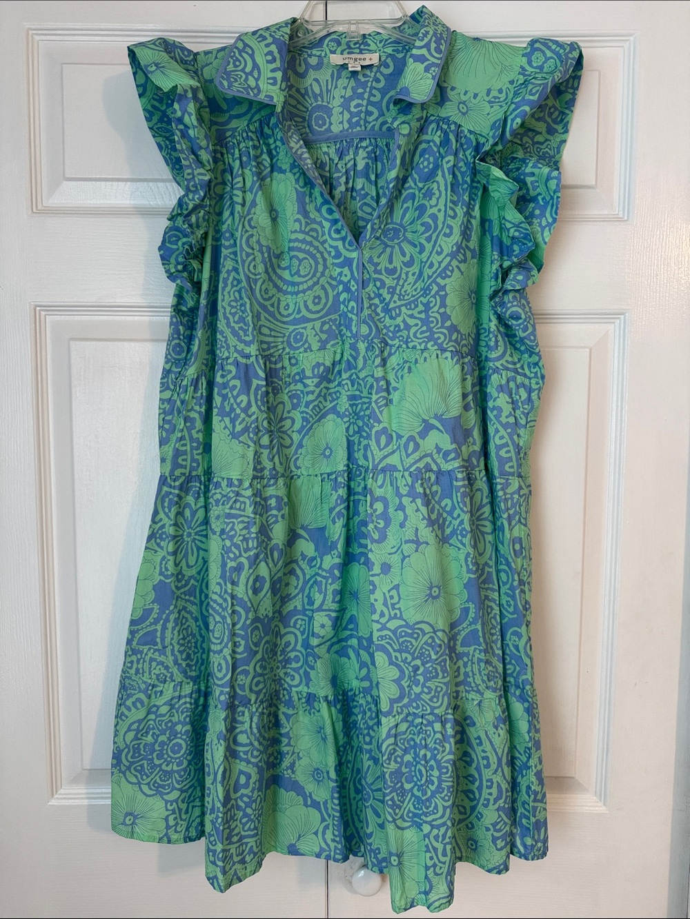 UMGEE Green & Blue Floral Ruffle Sleeve Dress